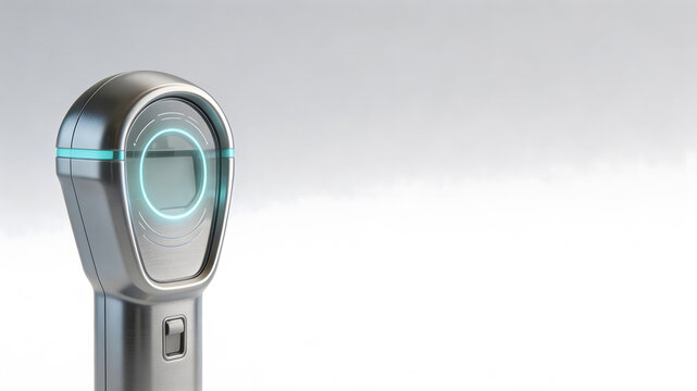 Smart parking meter kiosk with glowing LED sensor on neutral background