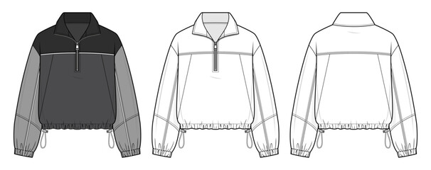 Contrast Sleeve Windbreaker technical fashion illustration. half-zip pullover vector template illustration. front and back view. dark grey. adjustable drawstring hem. unisex. CAD mockup. © aiven studio