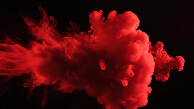 Vibrant red ink expands and swirls dynamically in dark water creating