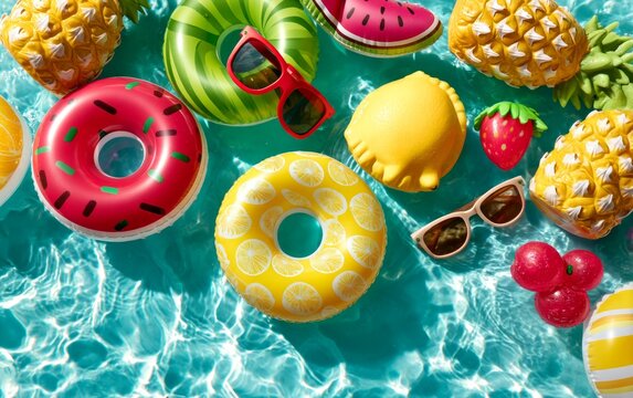 Colorful Summer Pool Scene with Vibrant Floatables and Bright Sunglasses