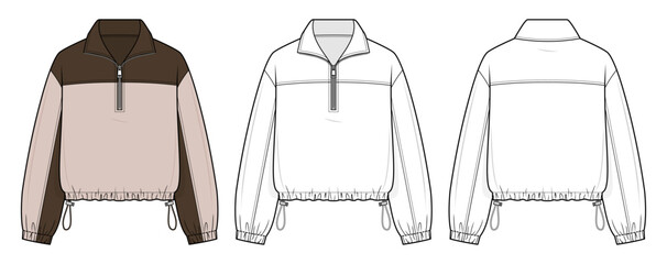 Two-Tone Windbreaker technical fashion illustration. half-zip pullover vector template illustration. front and back view. shoulder and sleeve panels. adjustable drawstring hem. unisex. CAD mockup. © aiven studio