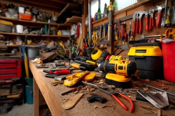 Fototapeta premium Cluttered and Messy Garage Workspace Filled with Tools and Debris