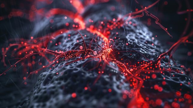 Microscopic 3D Render of Torn Tendon Fibers with Inflammatory Cells and Glowing Red Tear Site