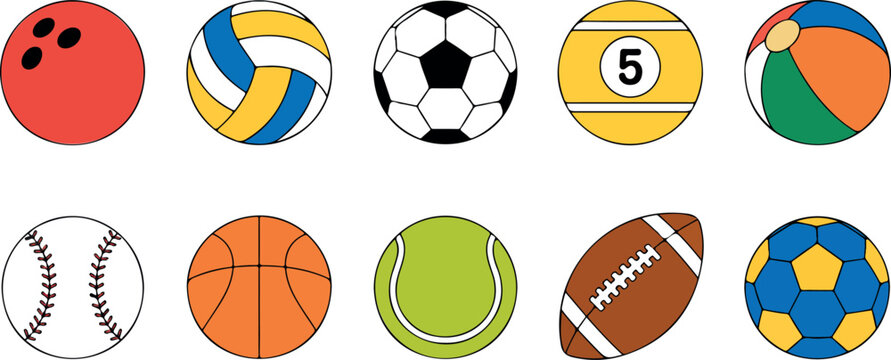 Sports balls collection vector set featuring soccer, basketball, tennis, baseball, bowling, and volleyball in modern flat illustration style