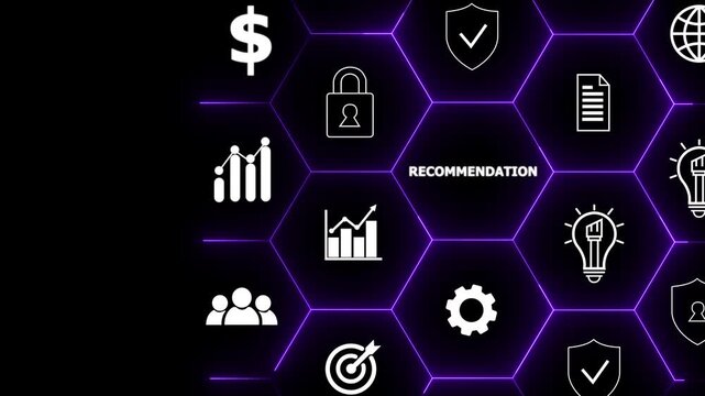 Recommendations and business solutions concept. Businessman interacting with a digital interface displaying various business icons, emphasizing recommendations and strategic planning.4k video..