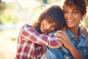 Hug, love and care with lesbian couple in park for commitment, bonding and summer holiday. Happy, lgbt connection and date with women in nature for romantic vacation, support and love together
