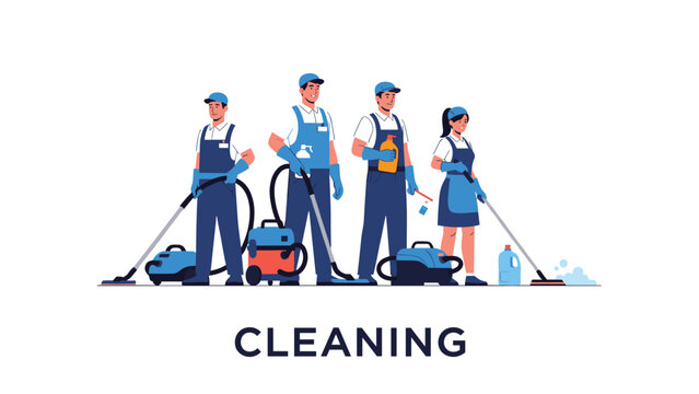 Team of professional cleaning service workers in blue uniforms standing with vacuums and mops for home or office maintenance.