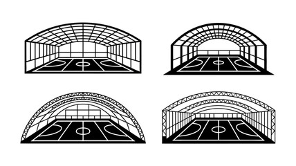 A black and white line drawing depicts four variations of a sports arena showcasing different roof structures over a rectangular court high quality professional detailed modern © Raian
