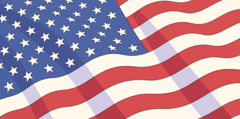 Fototapeta premium The American flag waves in the wind, showing its stars and stripes under a clear blue sky on a bright day.