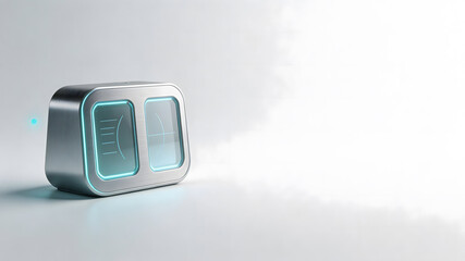 Futuristic dual-display smart device with glowing teal interface on white