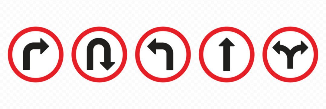 turn Right  Left  U sign set. sharp turn warning. driving navigation icon. Road sign arrow set. go straight  turn left  turn right  u turn direction sign. traffic direction symbol. Go straight  this
