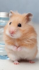 Hamster standing with paws together in front of glass jar