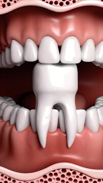 CGI Animation Demonstrating Impacted Tooth Beneath Normal Erupted Teeth in Human Mouth with Detailed Gums and Bone Structure