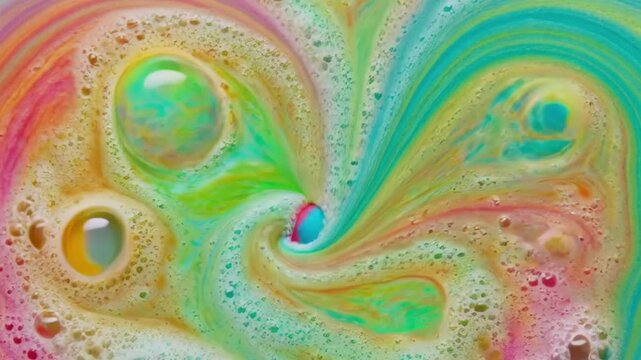 Colorful bath bomb dissolving in water creating vibrant swirling patterns and bubbles