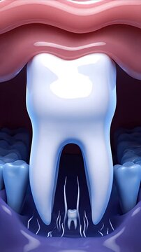 CGI Animation Depicting Wisdom Tooth Development Growth Stages and Eruption Process with Detailed Root Formation and Gum Tissue in a Dark Medical Background