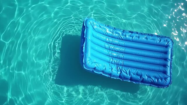 Blue inflatable mattress floating serenely on clear blue swimming pool water