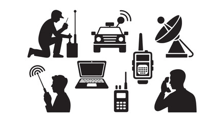 Communication technology icons with man using radio car radio laptop and satellite dish illustration © Creative_Aminur