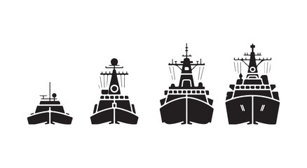 Modern warship front view silhouettes with radar antennas and naval fleet ship equipment details © Creative_Aminur