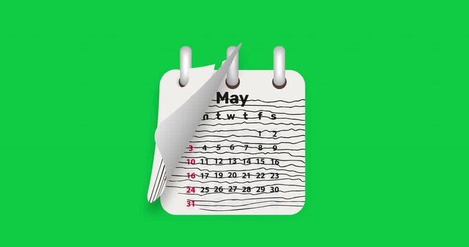 Calendar for 2026 new year from January to December flipping through month. Close up of flipped calendar page change on green. Grunge hand-drawn textures. Time concept. Chroma key. 4k graphic motion