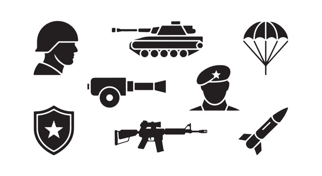 Collection of military icons, soldier, tank, parachute, rifle, missile, shield