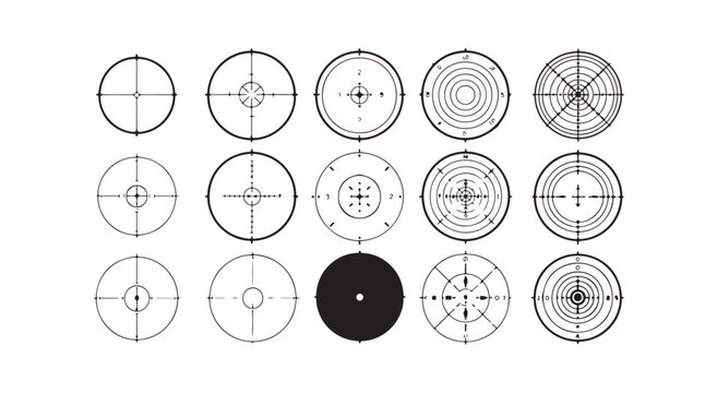 Set of various reticle scopes for aiming, sniper sight, military crosshairs, target icons