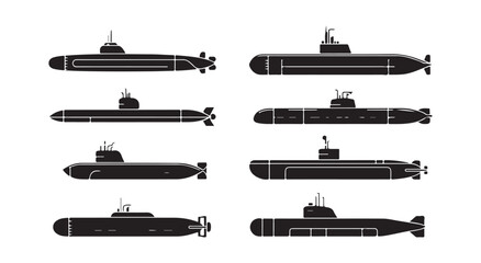 Submarine silhouette collection featuring various modern naval underwater vessels for marine design