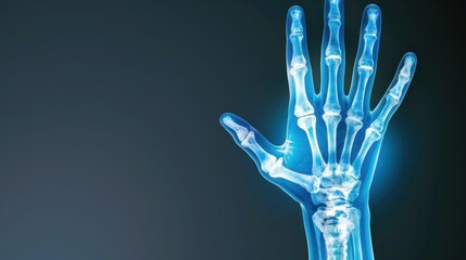 Naklejka premium Transparent X-ray image of a human hand highlighting bone structure and joints against a dark background
