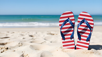 Obraz premium Flip-flops celebrating Labor day on beach in USA