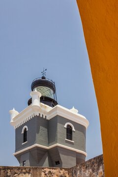 Lighthouse tower at Castillo San Felipe del Morro in Old San Juan, Puerto Rico - a well-preserved historic landmark inside the San Juan National Historic Site and former Spanish fort.
