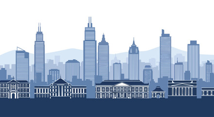 Obraz premium Flat 2D illustration of a city silhouette with skyscrapers against a seamless white background, conveying a modern urban landscape.