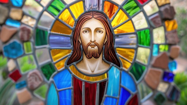 Colorful stained glass depiction of a religious figure surrounded by vibrant light and intricate design elements