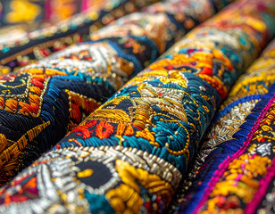 Fototapeta premium Embroidered textiles colorful pattern closeup