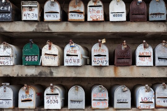 Multiple rows of weathered U.S. Mail mailboxes with hand-painted numbers are mounted into a concrete wall in El Nego