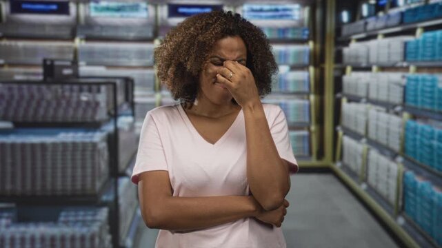 Woman pinching nose while standing in a supermarket store aisle inside a building with shelves of packaged goods and stacked toiletpaper rolls, arms crossed; disgust.