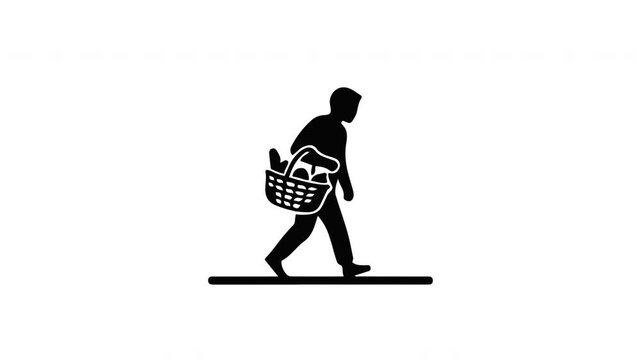 Minimalist Silhouette of a Person Carrying a Shopping Basket Isolated on White Background for Retail and Lifestyle Concepts