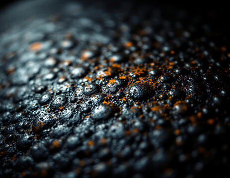Extreme macro cast iron tetsubin kettle surface with deep black oxidized patina, rust streaks, hobnail texture. Dramatic shadow lighting reveals weathered detail. Charcoal, sage, terracotta tones