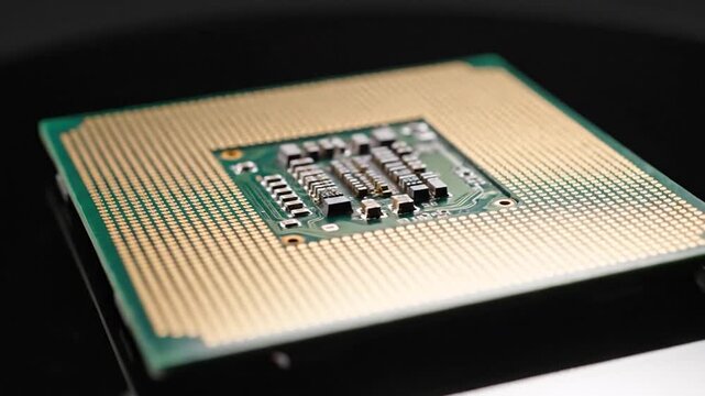 Close-up view of a modern computer processor unit on a dark reflective surface