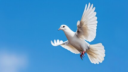 Fototapeta premium Majestic White Dove in Flight Against a Clear Blue Sky with Expansive Wings Spread Wide