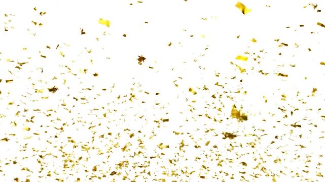 Golden glitter particles explode and scatter against a clean white background