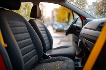 Fototapeta premium Interior of a Car with Grime and Debris on Seats in Neutral Background