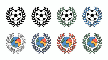 The image displays eight circular emblems four depict soccer balls framed by laurel wreaths and four feature a world globe similarly adorned high quality professional detailed