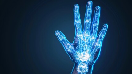 Transparent High-Tech Hand Illustration with Blue Light Effects and Anatomical Structures for Medical and Technology Themes