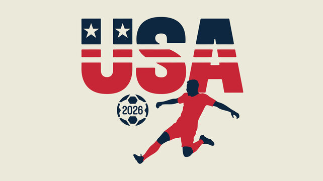 A stylized graphic depicts the letters usa incorporating a soccer player and a soccer ball with the year 2026 high quality professional detailed modern elegant stylish