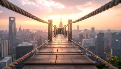 Obraz premium Elevated wood walkway framed by thick rope over city towers at sunset with a tall spire far off in the distance