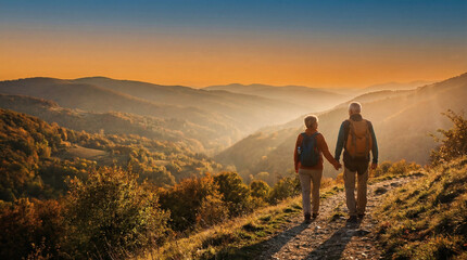 Obraz premium Wide shot of an active healthy senior couple hiking on a beautiful mountain trail during golden hour