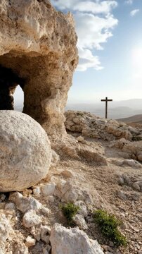 Ancient biblical landscape features an empty tomb entrance and a distant wooden cross, solemnly representing the profound anticipation of Holy Saturday resurrection