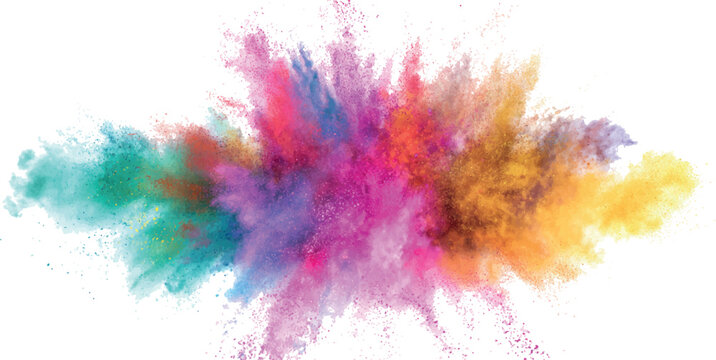 Vibrant multi colored powder explosion against white background