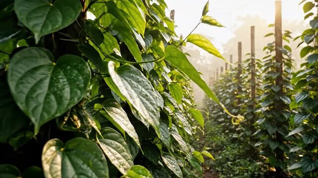 Lush green leaves of climbing plants thrive in a vibrant agricultural field