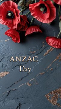 Solemn Anzac Day commemoration with vibrant red poppies against a dark textured stone background displaying golden text, symbolizing remembrance and national military heritage