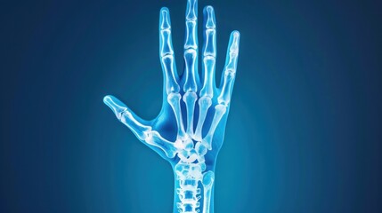 Naklejka premium X-ray image of a human hand showcasing bones and joints against a vibrant blue background for medical and educational purposes